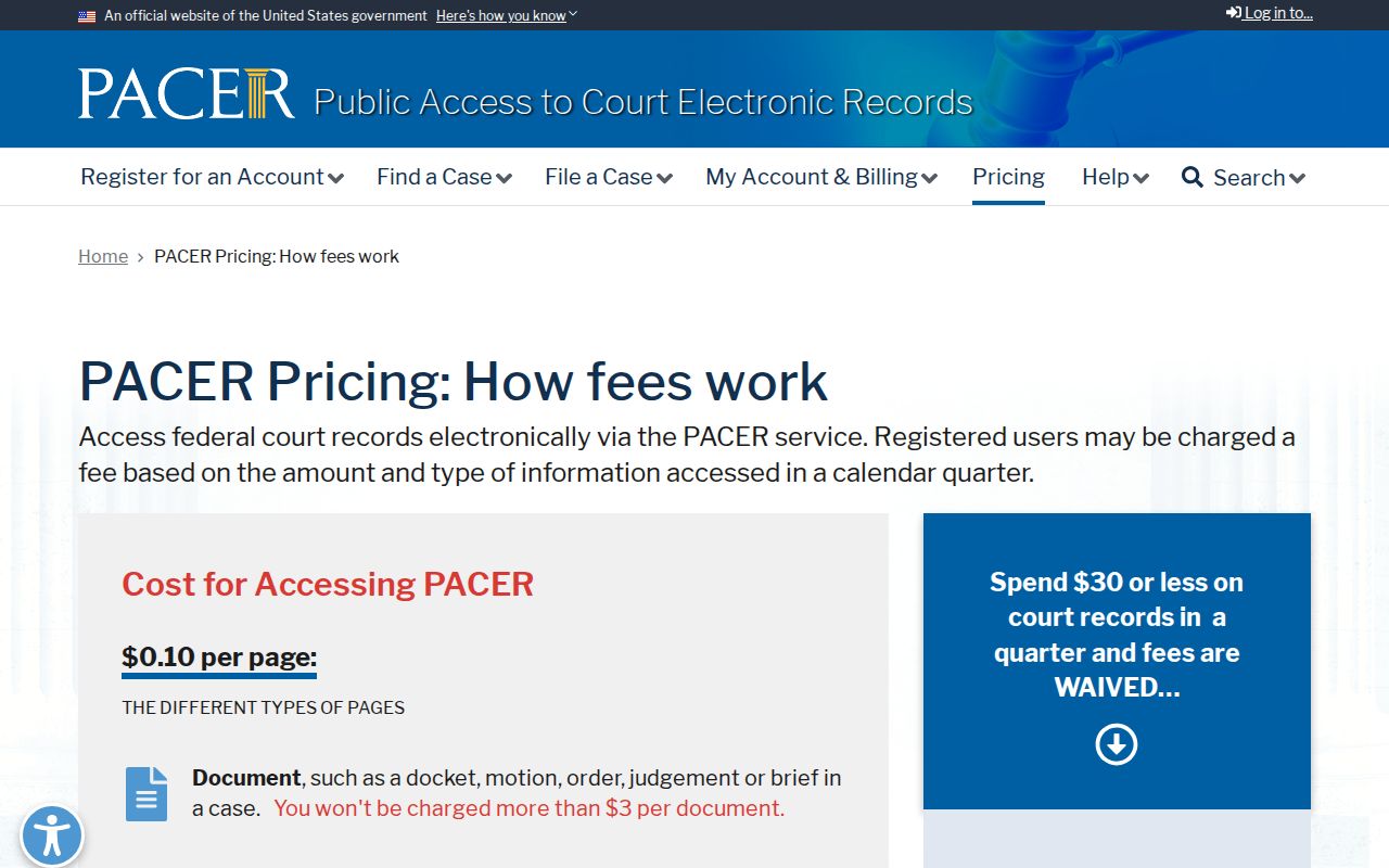 Official PACER federal court fee guidance