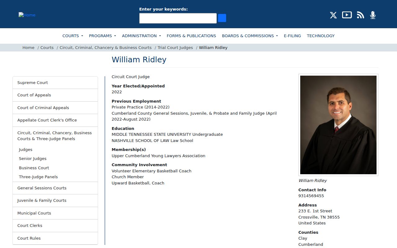 Official Tennessee judiciary profile for Circuit Judge William Ridley of the 13th Judicial District
