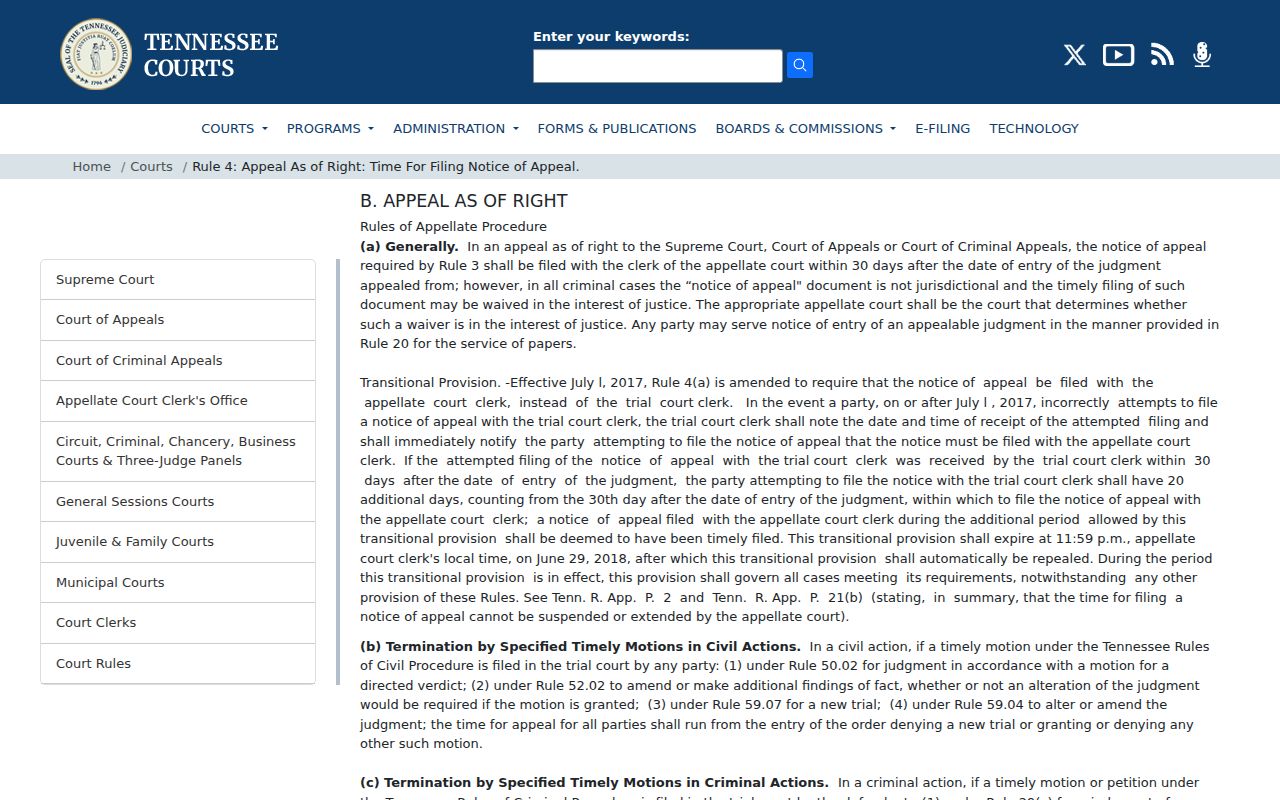 Tennessee appellate rule page addressing notice of appeal timing