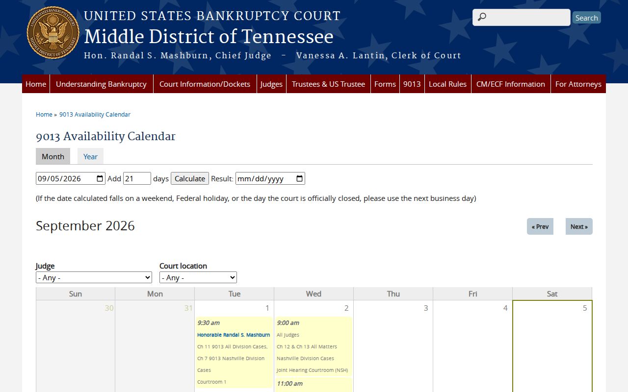 Middle District of Tennessee bankruptcy hearing availability calendar