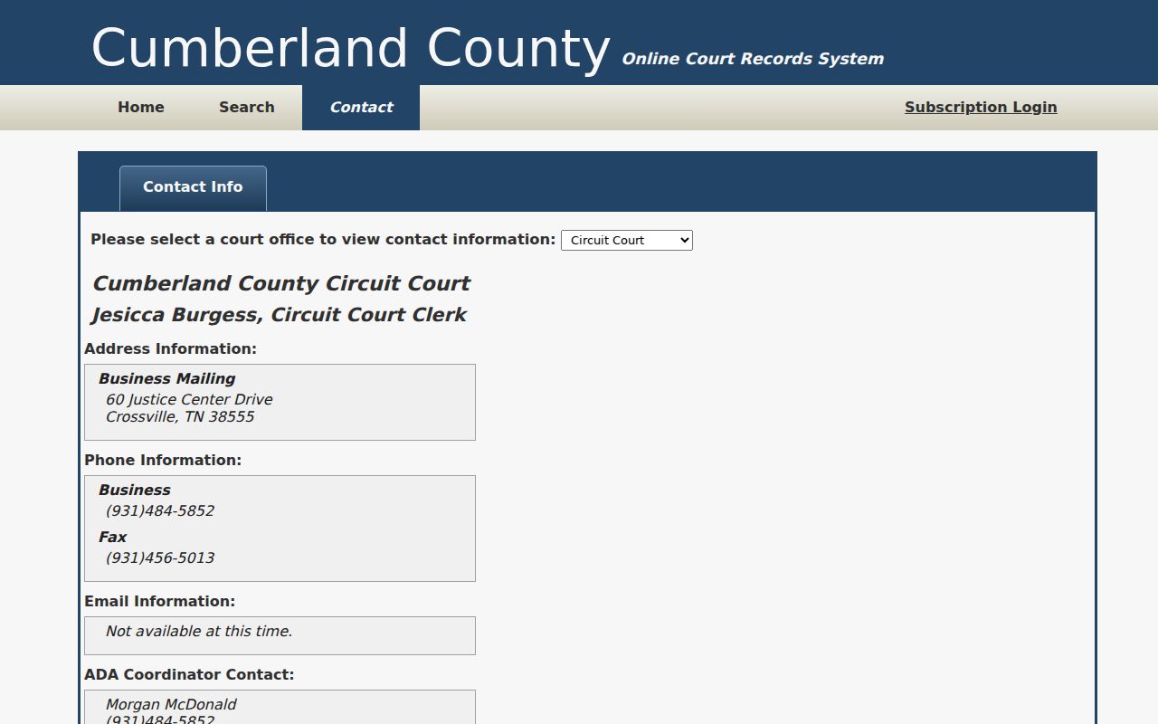 Cumberland portal clerk contact page with court office choices