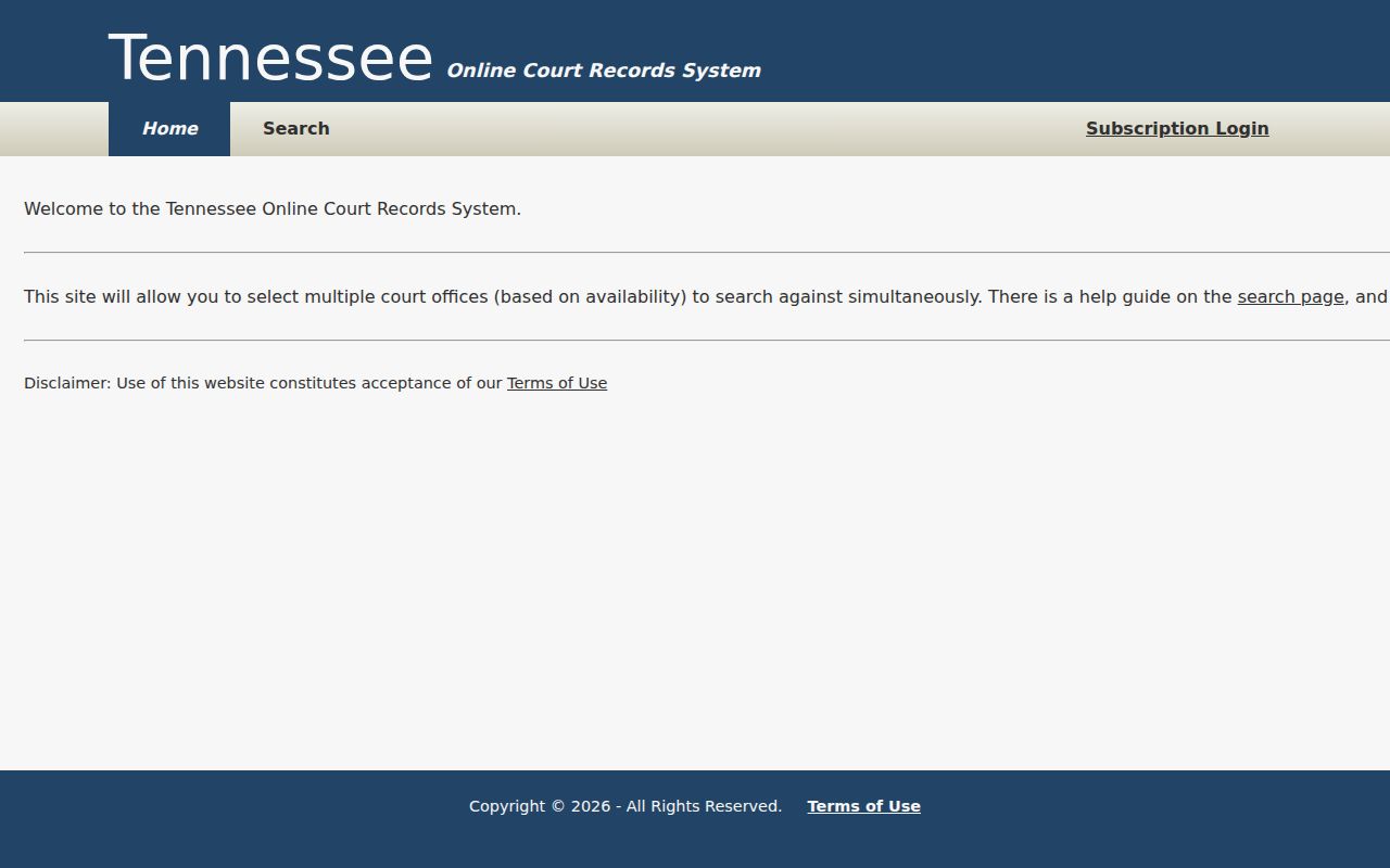 Tennessee statewide TnCIS multi-county court search landing page