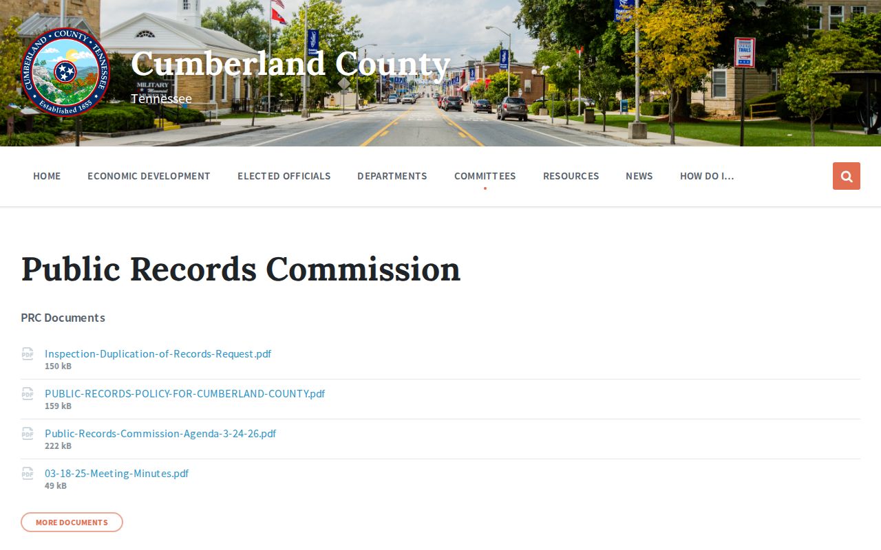 Cumberland County Public Records Commission page linking the records policy and request form