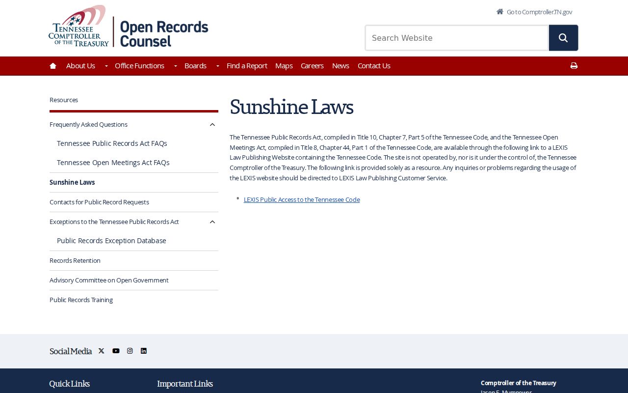 Tennessee Comptroller resource explaining the Tennessee Public Records Act