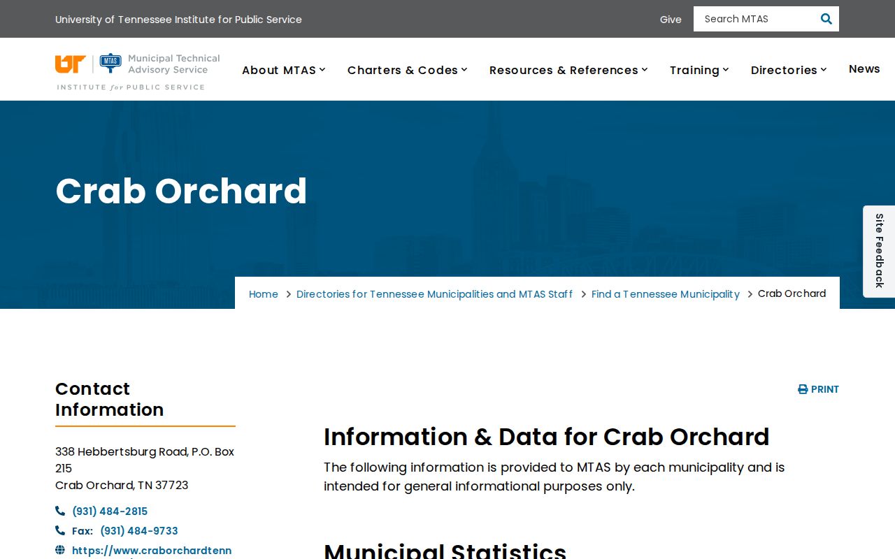 MTAS Crab Orchard municipal directory with city office details