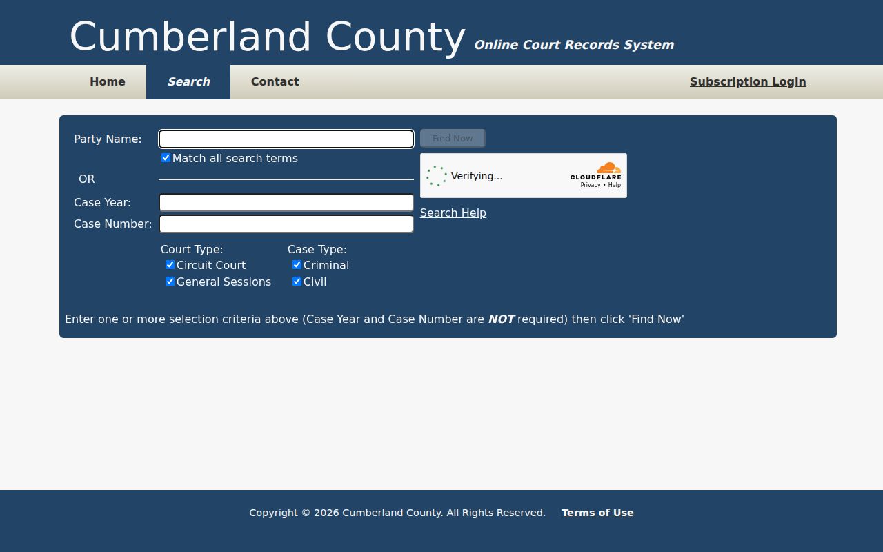 Cumberland County criminal case search fields