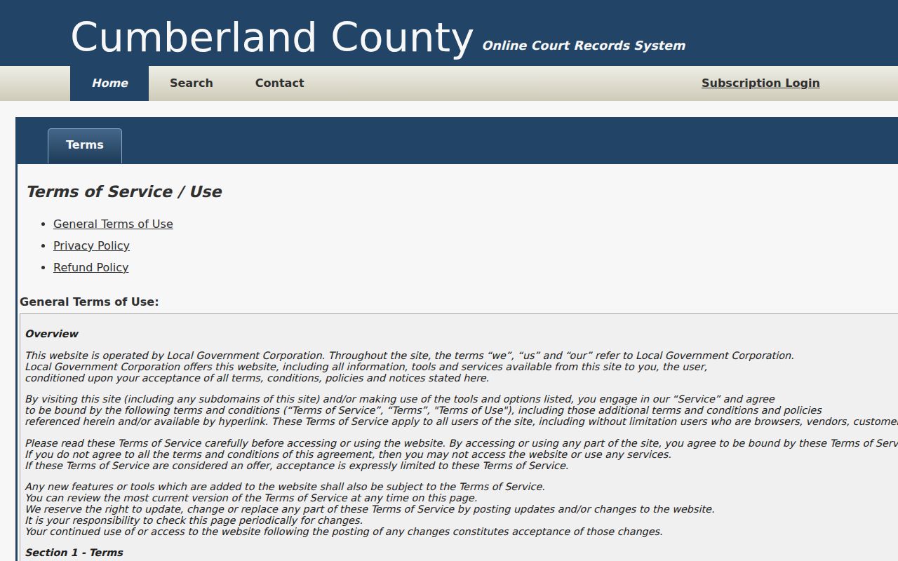Cumberland criminal docket portal informational terms