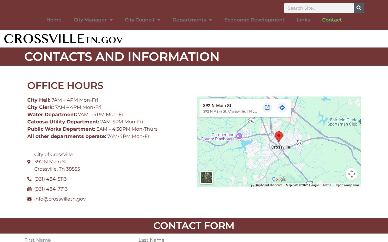 Crossville city contacts page showing City Hall and City Clerk details