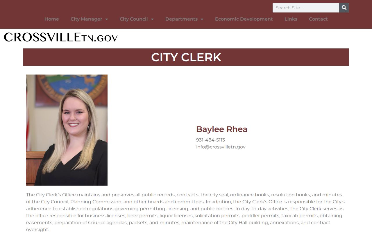Crossville City Clerk page describing municipal records responsibilities