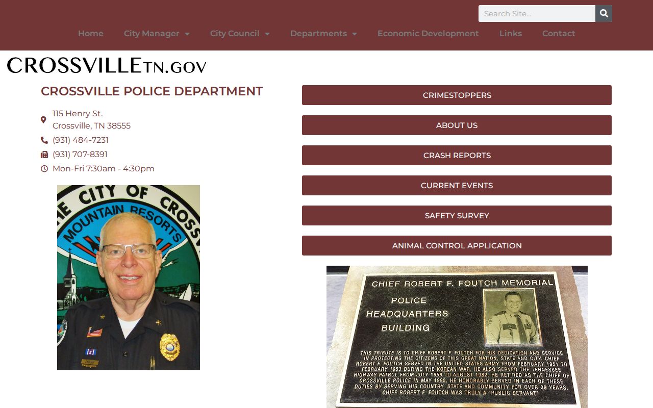 Crossville Police page with city citation payment route and contact information