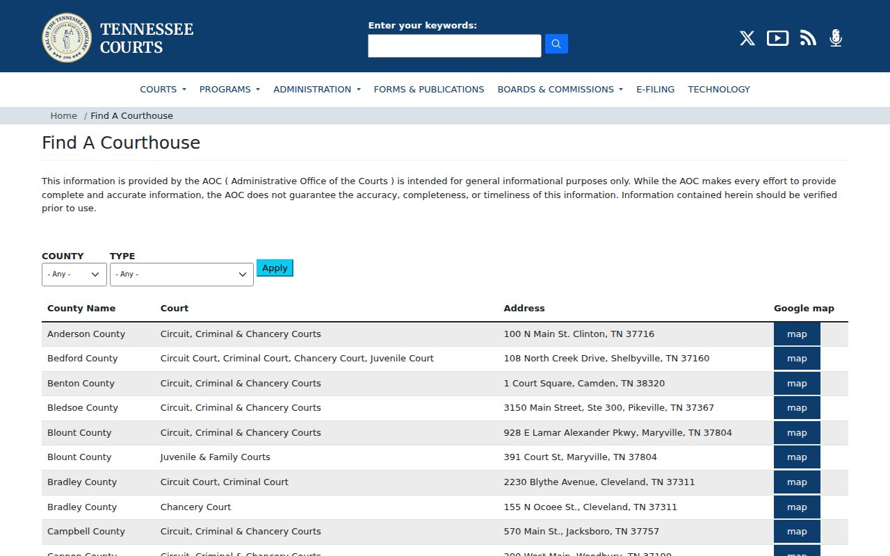 AOC courthouse finder showing Cumberland County trial courts