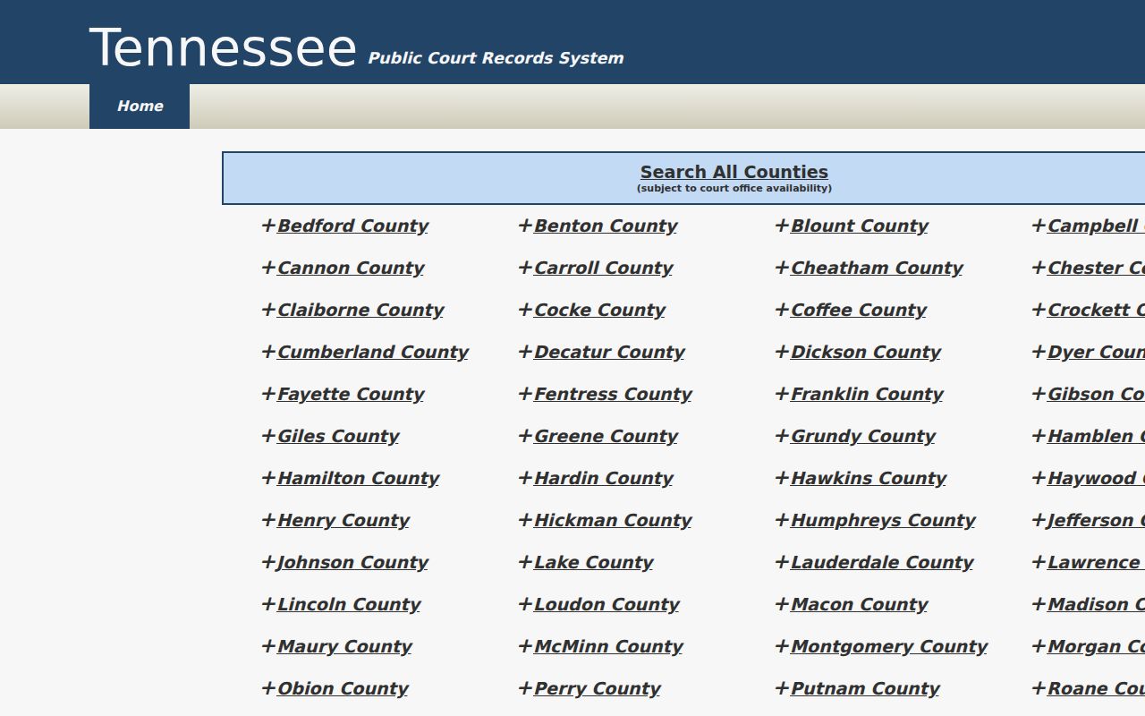 Tennessee Public Court Records System county list