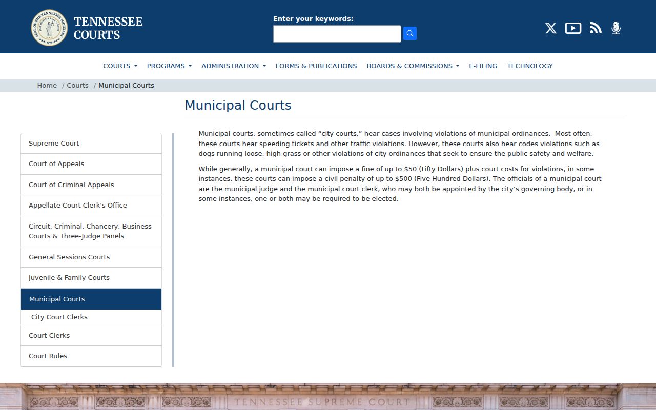 Tennessee judiciary overview of municipal court traffic and ordinance jurisdiction