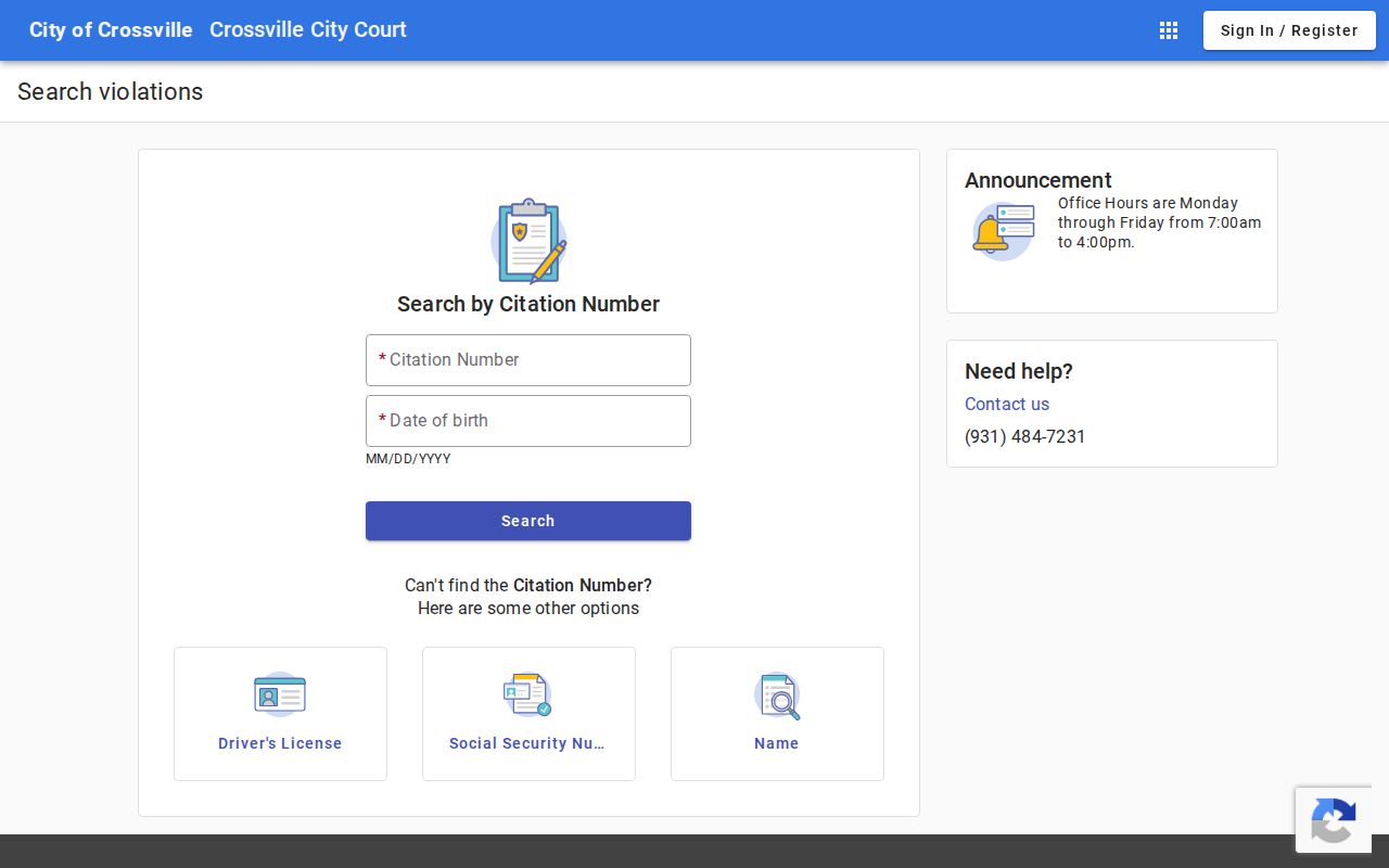Crossville City Court portal showing its visible traffic citation search modes