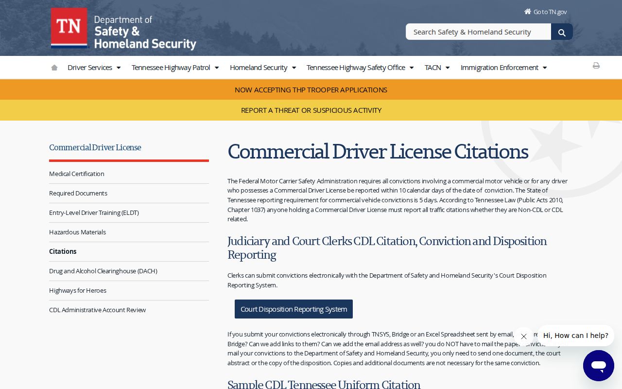 Tennessee clerk guidance for reporting commercial driver traffic convictions