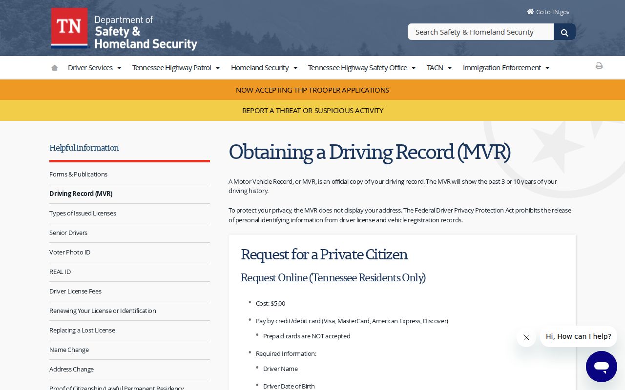 Tennessee motor vehicle record request page distinguishing state driver history from a court case